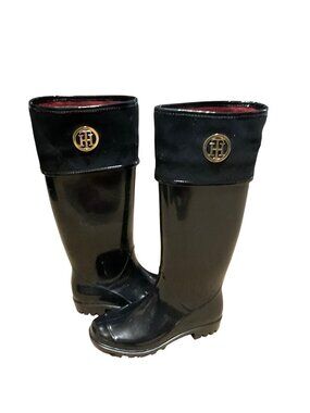 Tommy Hilfiger Shiner Black Knee High Rain Boots w/ Box Sz 6 Tall Riding Style